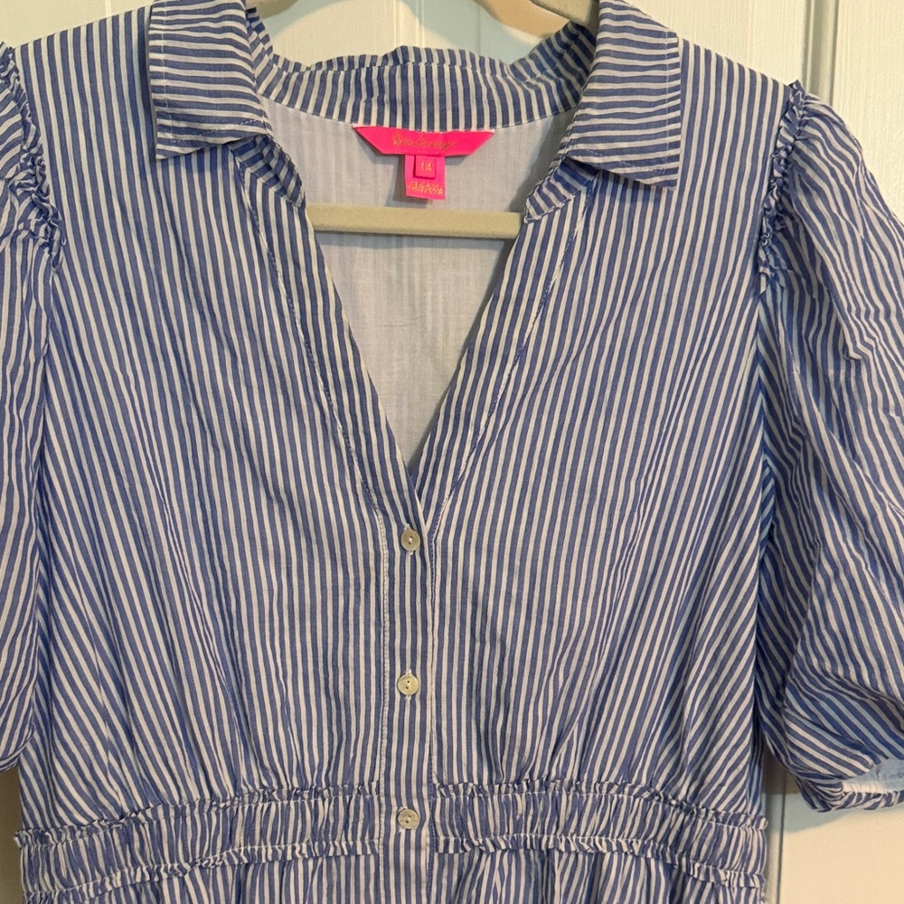 Lilly Pulitzer Tassie Puffed Sleeve Blue & White Stripe Cotton Dress Size 14 - Picture 6 of 7